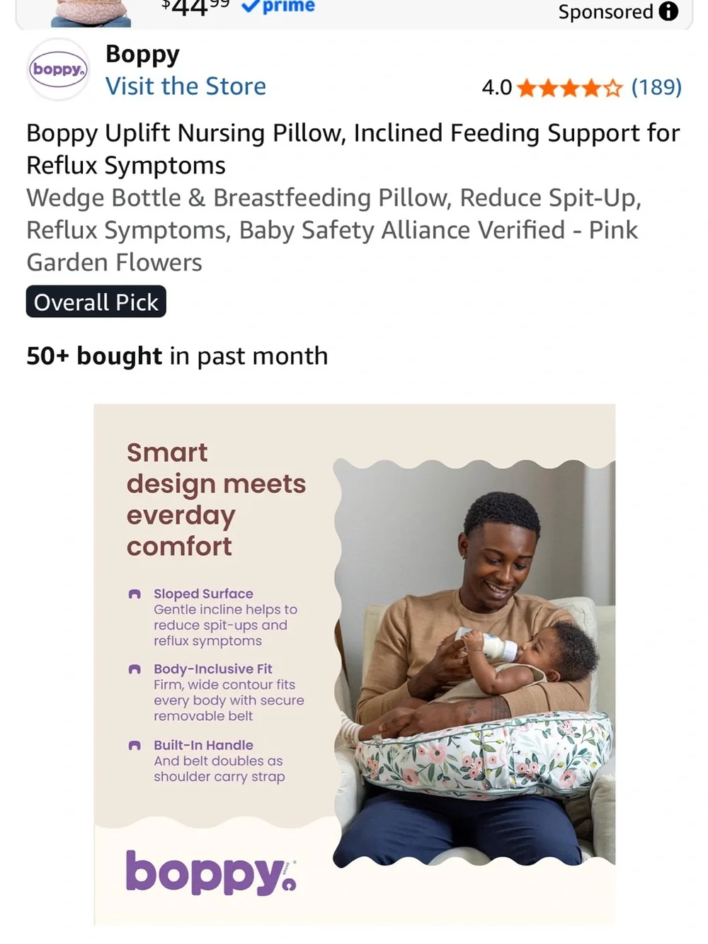 Boppy UPLIFT Floral Baby Nursing Pillow - White, Pink & Green